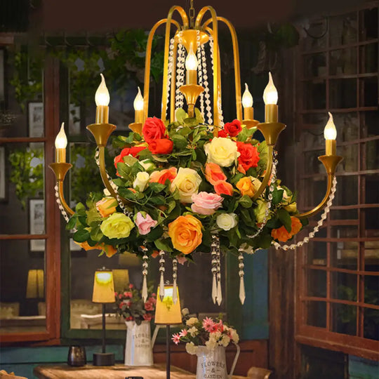 Gold Metal 9-Bulb Chandelier With Rose Decor - Perfect For Restaurant Lighting