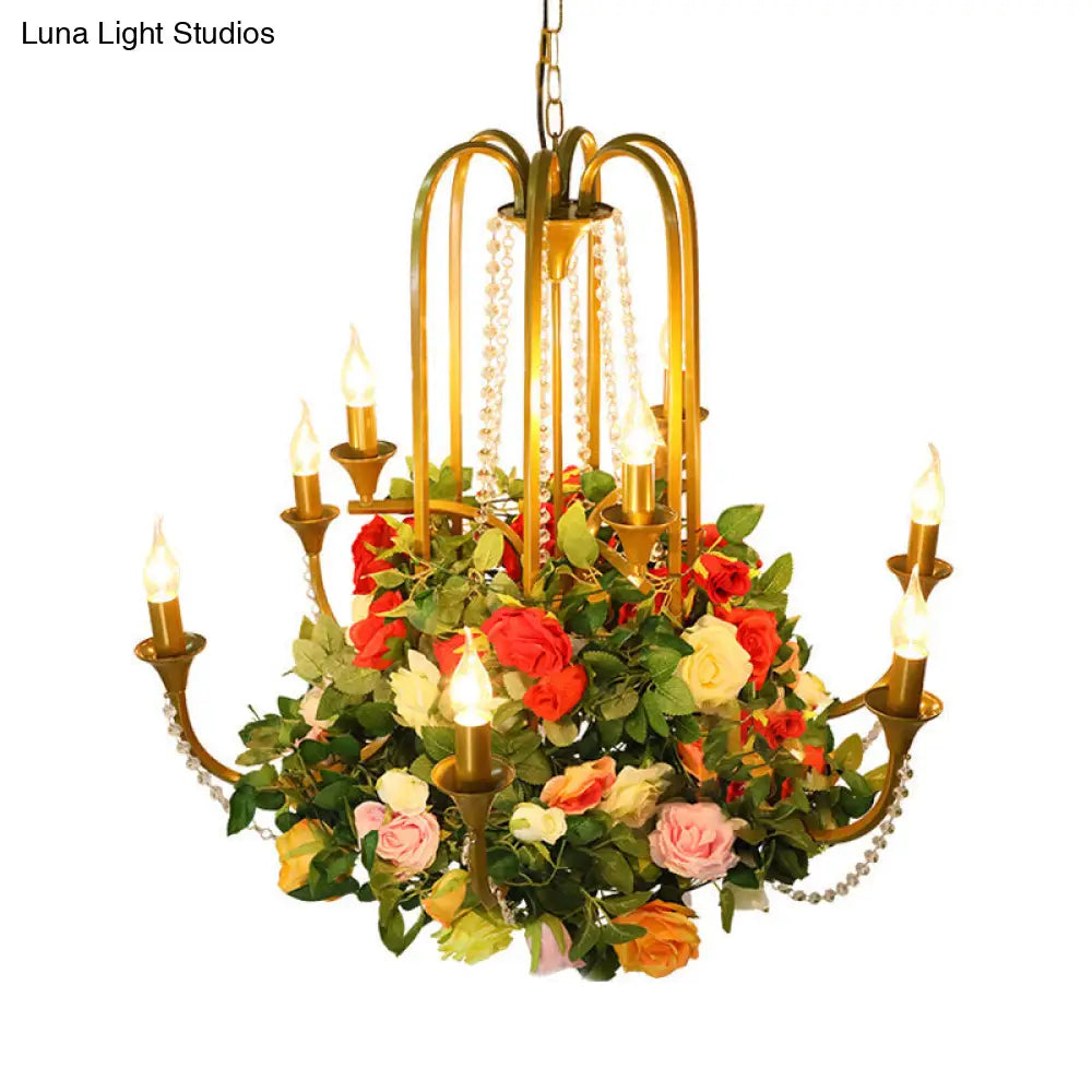 Gold Industrial Metal Chandelier With Rose Decor - Candle Restaurant Pendant Light (9 Bulbs)