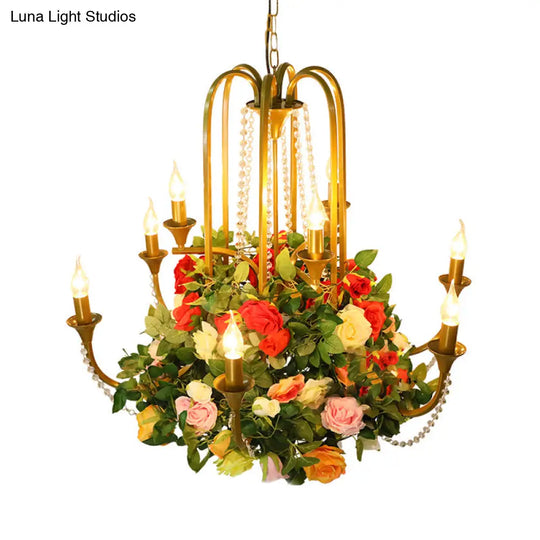 Gold Metal 9-Bulb Chandelier With Rose Decor - Perfect For Restaurant Lighting