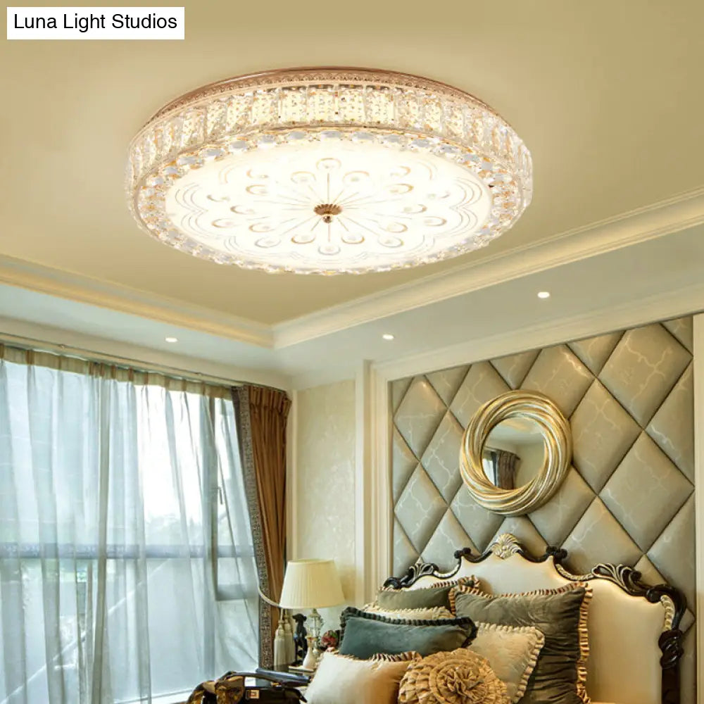 Gold Metal And Crystal Led Flushed Ceiling Light With Peacock/Floral Pattern - 16/19.5 Wide / 16
