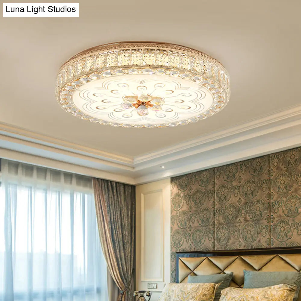 Gold Metal And Crystal Led Flushed Ceiling Light With Peacock/Floral Pattern - 16’/19.5’ Wide