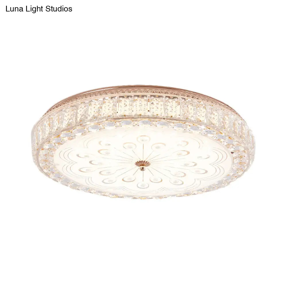Gold Metal And Crystal Led Flushed Ceiling Light With Peacock/Floral Pattern - 16/19.5 Wide