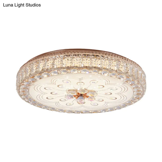 Gold Metal And Crystal Led Flushed Ceiling Light With Peacock/Floral Pattern - 16’/19.5’ Wide