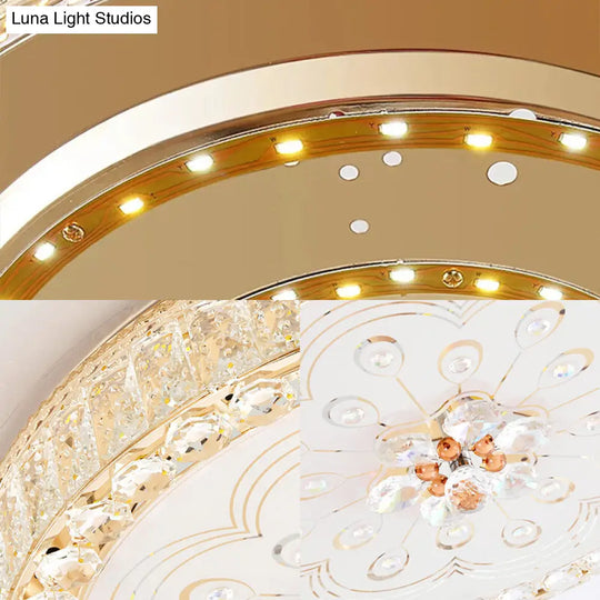 Gold Metal And Crystal Led Flushed Ceiling Light With Peacock/Floral Pattern - 16’/19.5’ Wide