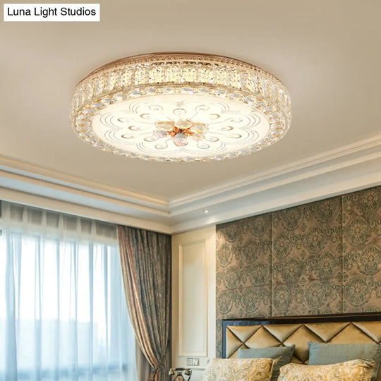 Gold Metal And Crystal Led Flushed Ceiling Light With Peacock/Floral Pattern - 16/19.5 Wide