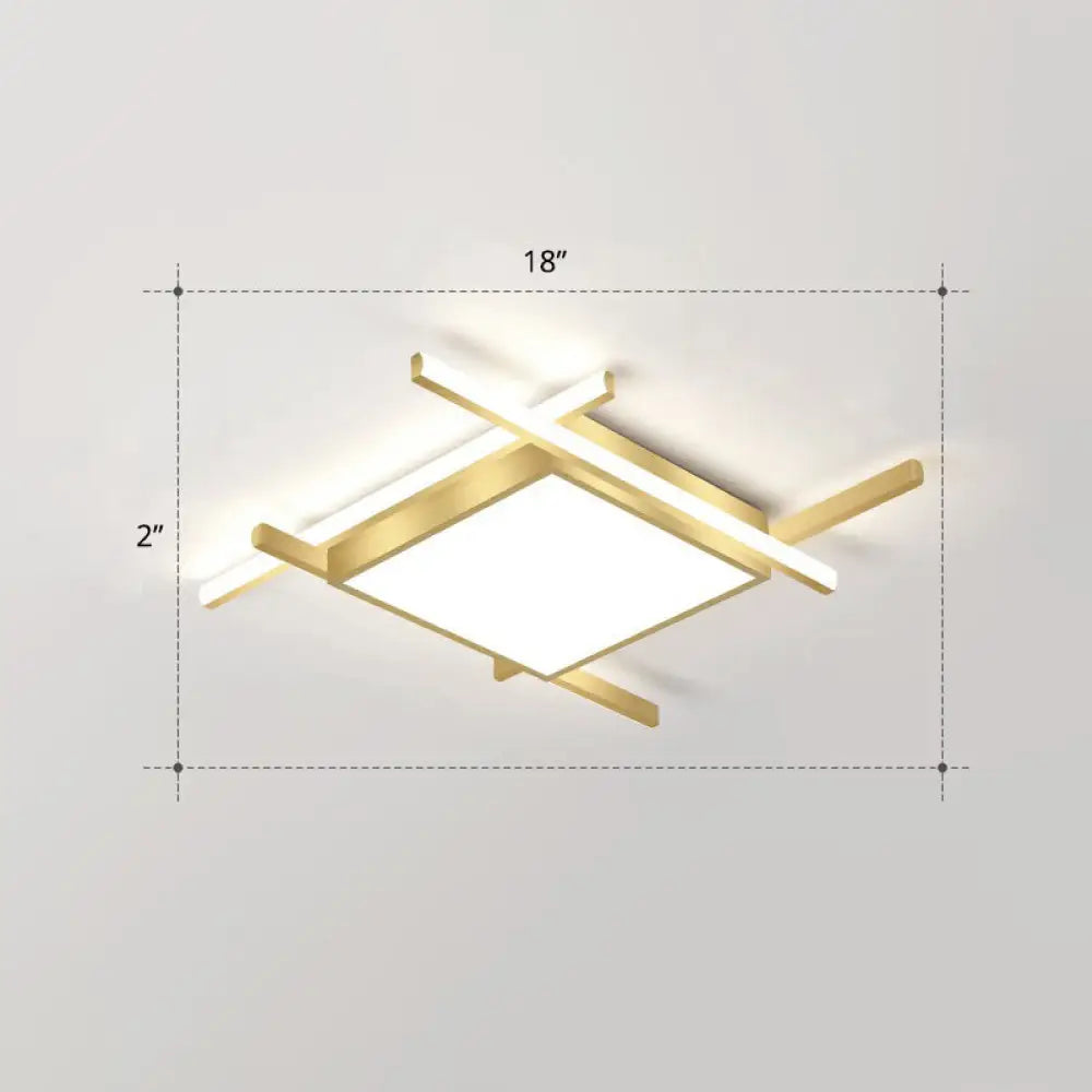 Gold Metal Bedroom Ceiling Light - Minimalist Square Flush Mount Fixture / 18’ White