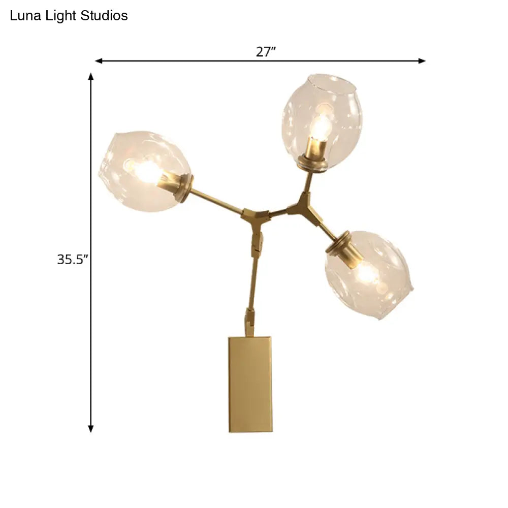 Gold Metal Branch Sconce Light Fixture - Modern Wall Lamp With 3 Bulbs And Clear Glass Shades