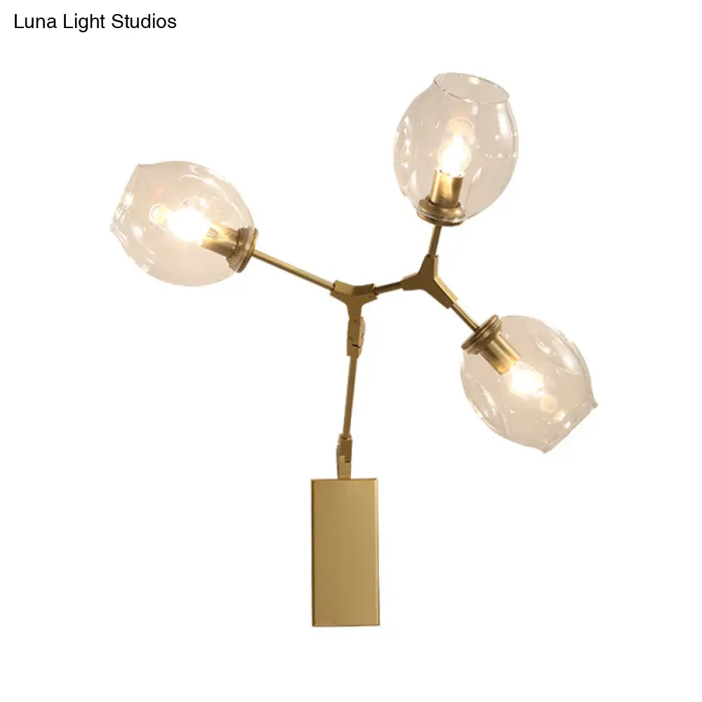 Gold Metal Branch Sconce Light Fixture - Modern Wall Lamp With 3 Bulbs And Clear Glass Shades