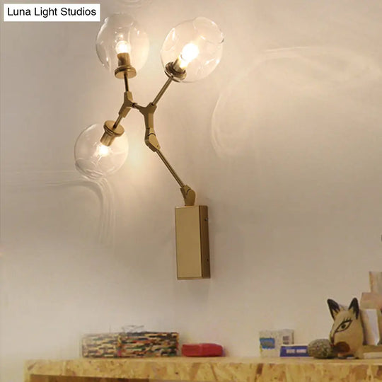 Gold Metal Branch Sconce Light Fixture - Modern Wall Lamp With 3 Bulbs And Clear Glass Shades