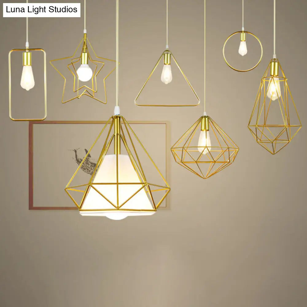 Nordic Metal Pendant Ceiling Light - Gold Cage Frame Design With 1 Bulb Ideal For Dining Room