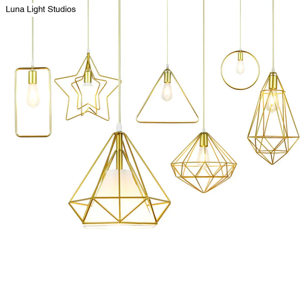 Nordic Metal Pendant Ceiling Light - Gold Cage Frame Design With 1 Bulb Ideal For Dining Room