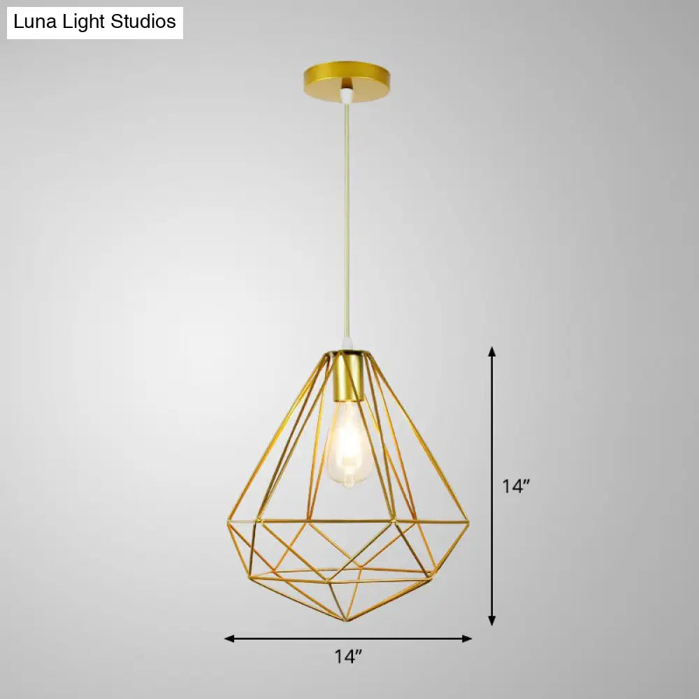 Gold Metal Cage Pendant Ceiling Light - Nordic Design 1 Bulb Dining Room Suspension