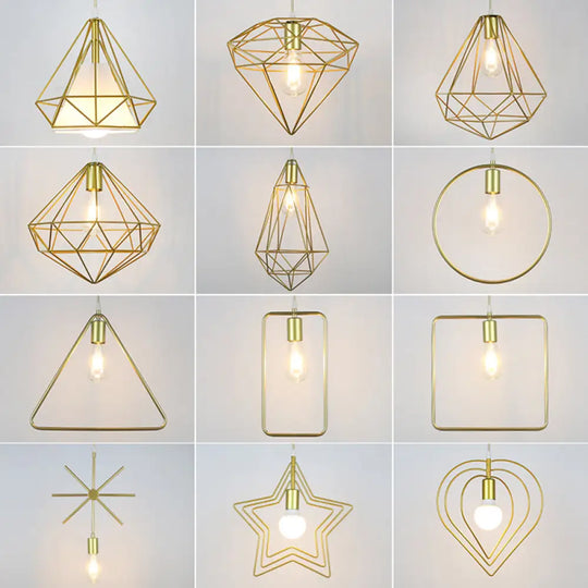 Gold Metal Cage Pendant Ceiling Light - Nordic Design 1 Bulb Dining Room Suspension / Rectangle