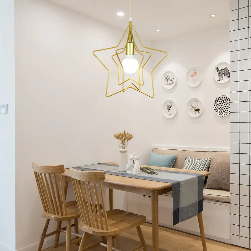 Gold Metal Cage Pendant Ceiling Light - Nordic Design 1 Bulb Dining Room Suspension / Star