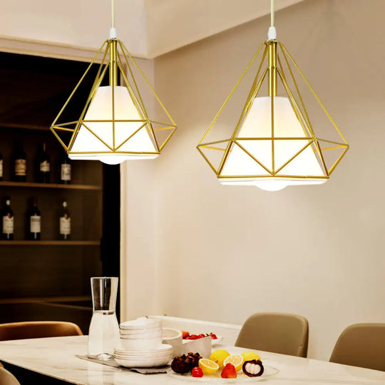 Gold Metal Cage Pendant Ceiling Light - Nordic Design 1 Bulb Dining Room Suspension / With Shade