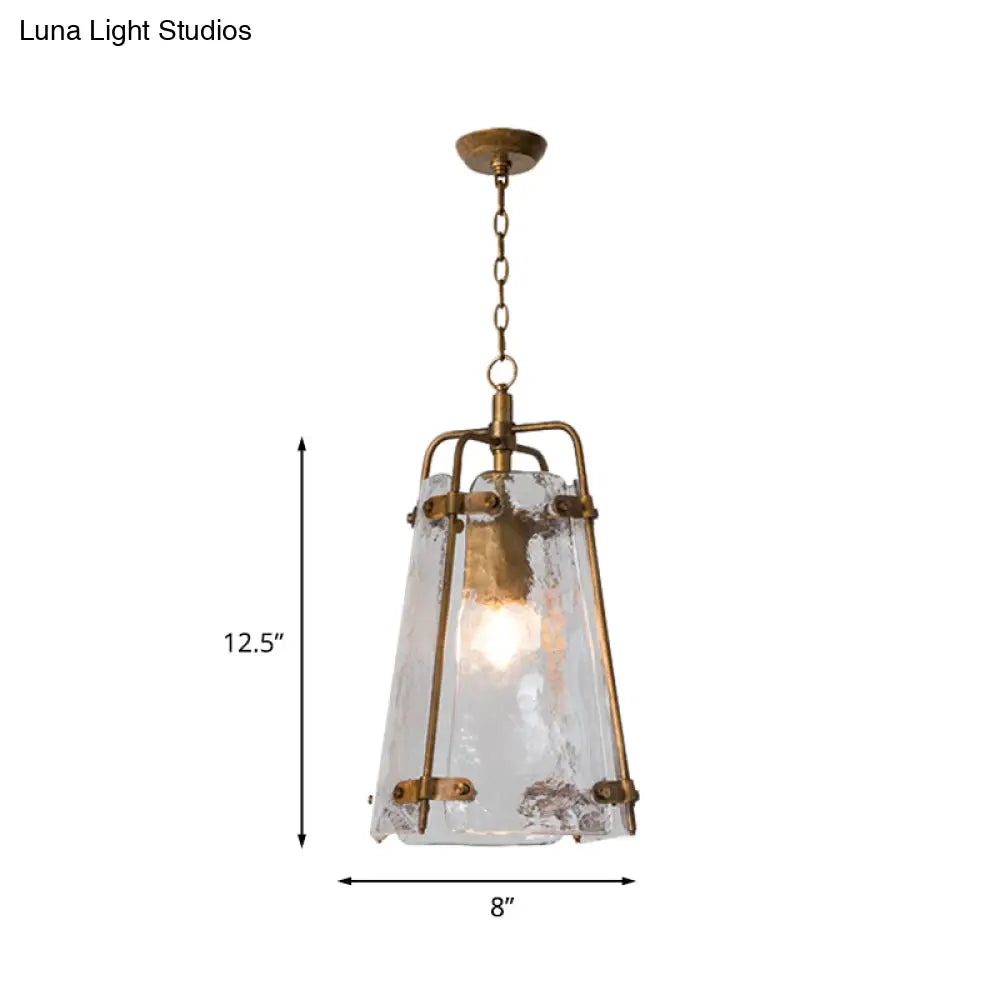 Gold Metal Cage Pendant Light With Clear Ripple Glass - Traditional Conical Design 1 Bulb