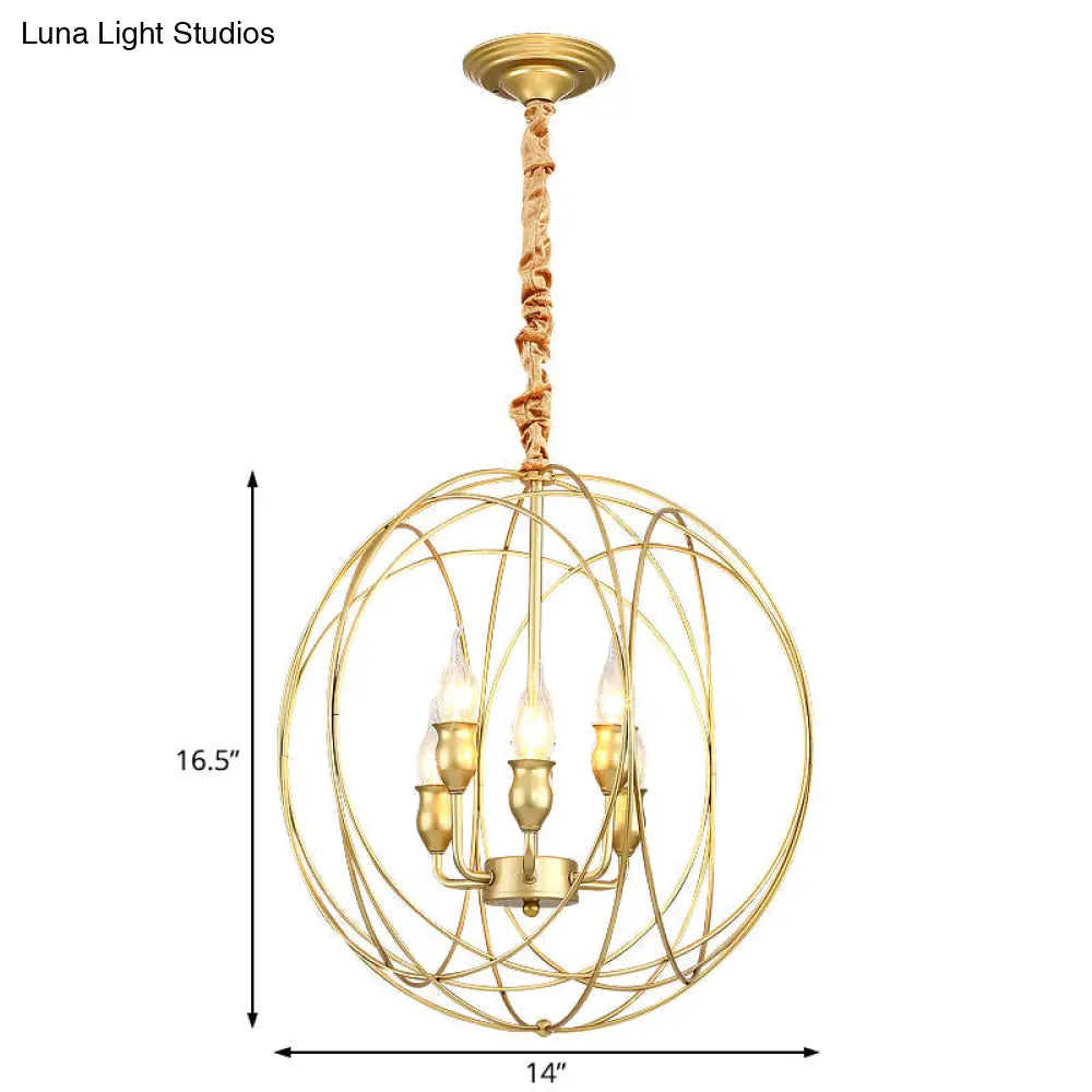 Gold Metal Candle Chandelier - Industrial 5-Bulb Dining Room Pendant