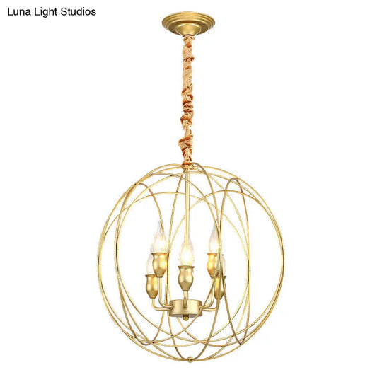 Gold Metal Candle Chandelier - Industrial 5 Bulb Globe Cage Pendant For Dining Room