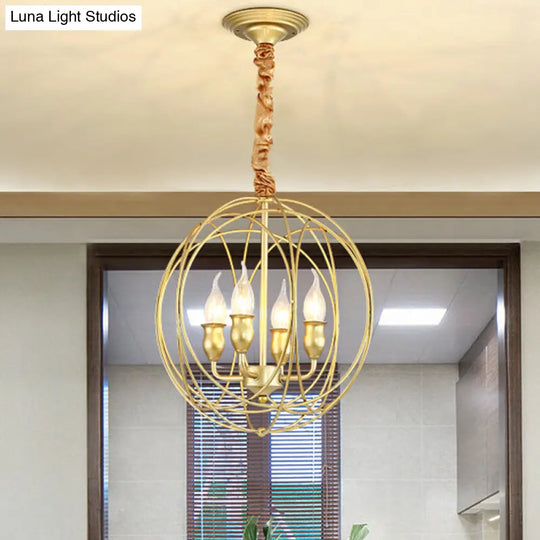 Gold Metal Candle Chandelier - Industrial 5 Bulb Globe Cage Pendant For Dining Room