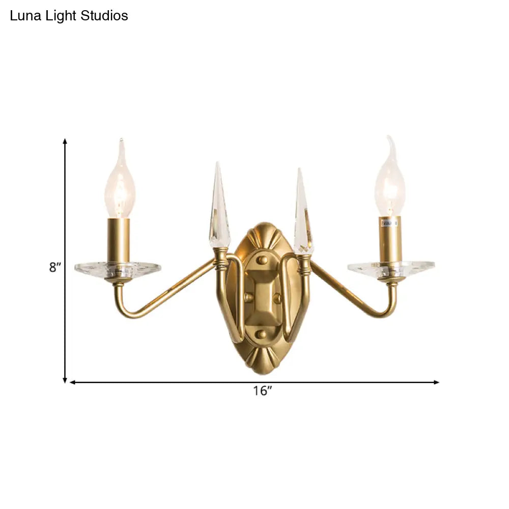 Gold Metal Candle Sconce Lamp With Curved Arm - 2-Head Wall Lighting Fixture