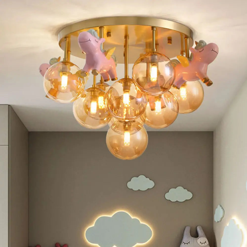 Gold Metal Cartoon Pony Semi - Flush Mount Lamp With Amber Glass Shades - 9 Head Macaron Ceiling