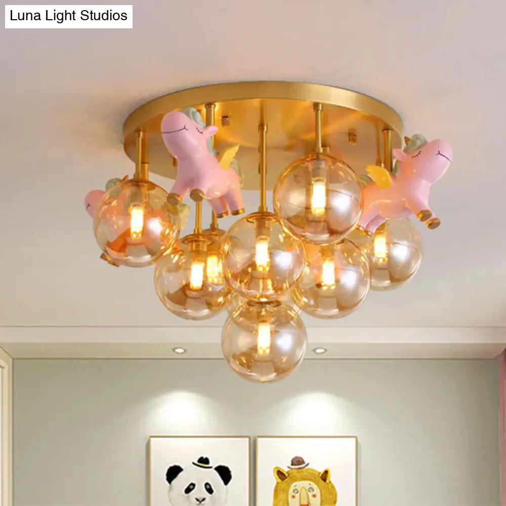 Gold Metal Cartoon Pony Semi - Flush Mount Lamp With Amber Glass Shades - 9 Head Macaron Ceiling