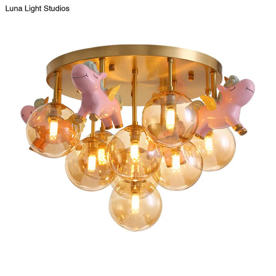 Gold Metal Cartoon Pony Semi - Flush Mount Lamp With Amber Glass Shades - 9 Head Macaron Ceiling