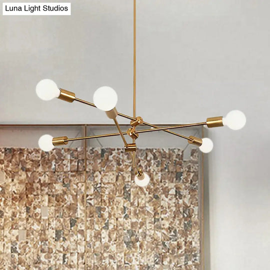 Gold Metal Chandelier: Mid Century Exposed Bulb 2/4/6 Lights For Living Room