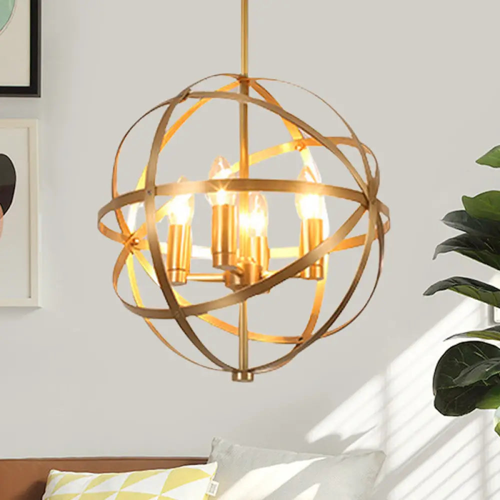 Gold Metal Chandelier With Globe Cage - Classic Pendant Lighting For Dining Room 4/6/8 Lights 4 /