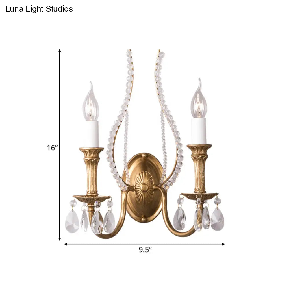 Gold Metal Country Wall Lamp With Crystal Accents - 2 Lights Sconce