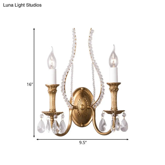 Gold Metal Country Wall Lamp With Crystal Accents - 2 Lights Sconce