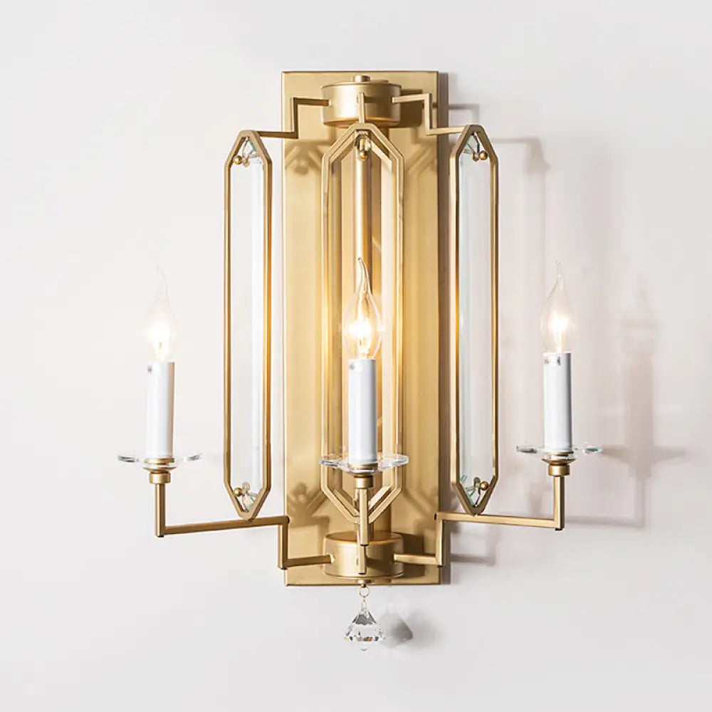 Gold Metal Countryside Candelabra Wall Lamp With Crystal Accent - 3 Heads Sconce Light For Dining