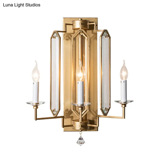 Gold Metal Countryside Candelabra Wall Lamp With Crystal Accent - 3 Heads Sconce Light For Dining