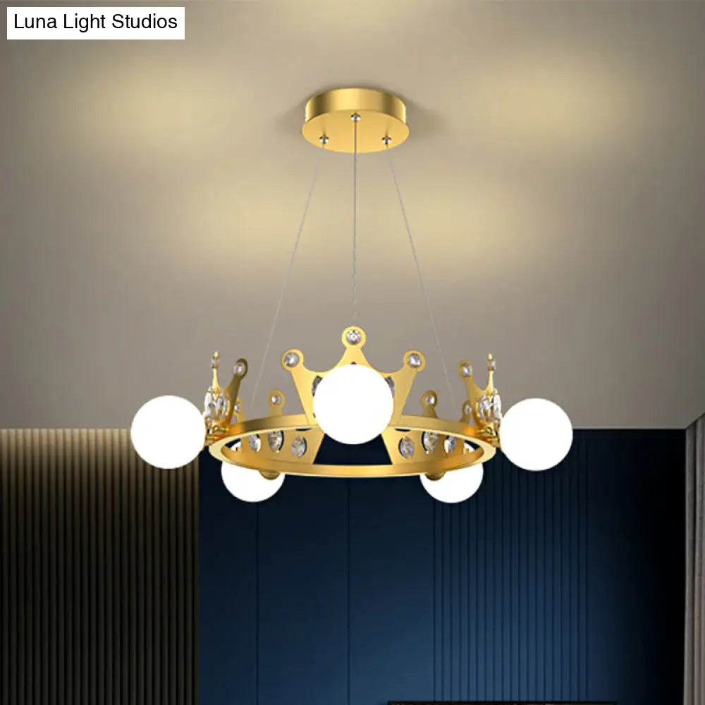 Gold Metal Crown Chandelier Lamp For Kids - 5/8 Lights Hanging Pendant With Frosted Glass Ball Shade