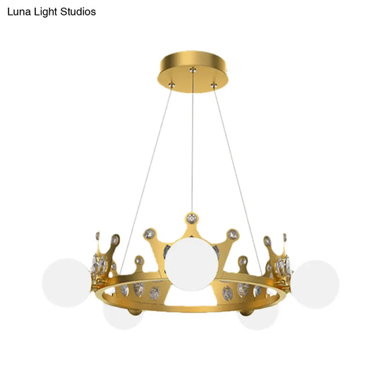 Gold Metal Crown Chandelier Lamp For Kids - 5/8 Lights Hanging Pendant With Frosted Glass Ball Shade