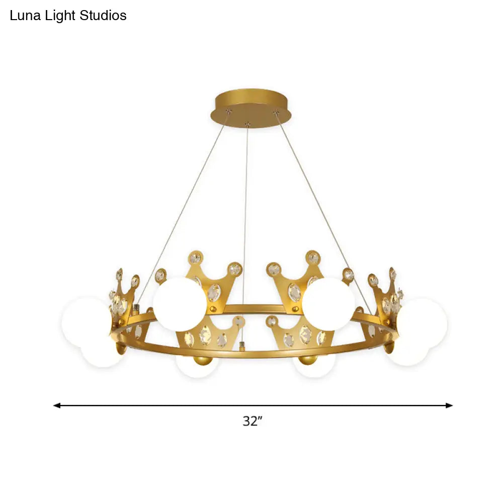 Gold Metal Crown Chandelier Lamp For Kids - 5/8 Lights Hanging Pendant With Frosted Glass Ball Shade