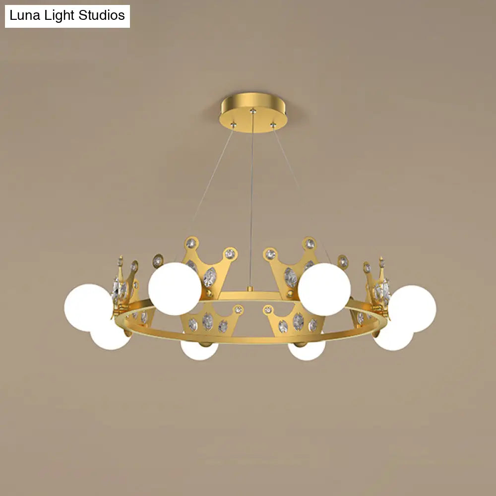 Gold Metal Crown Chandelier Lamp For Kids - 5/8 Lights Hanging Pendant With Frosted Glass Ball Shade