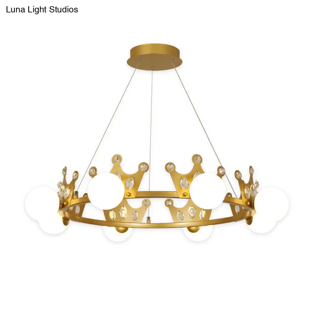 Gold Metal Crown Chandelier Lamp For Kids - 5/8 Lights Hanging Pendant With Frosted Glass Ball Shade