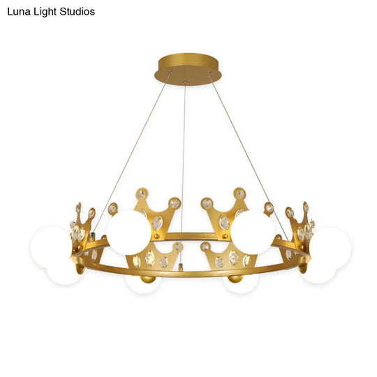 Gold Metal Crown Chandelier Lamp For Kids - 5/8 Lights Hanging Pendant With Frosted Glass Ball Shade