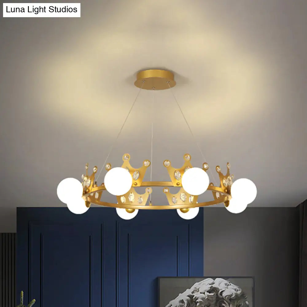 Gold Metal Crown Chandelier Lamp For Kids - 5/8 Lights Hanging Pendant With Frosted Glass Ball Shade