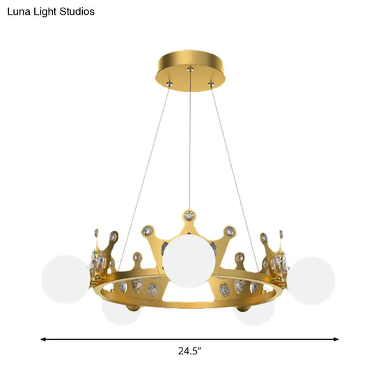 Gold Metal Crown Chandelier Lamp For Kids - 5/8 Lights Hanging Pendant With Frosted Glass Ball Shade