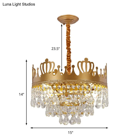 Gold Metal Crown Chandelier Lamp - Modern 6-Light Pendant Light With Crystal Teardrop Deco