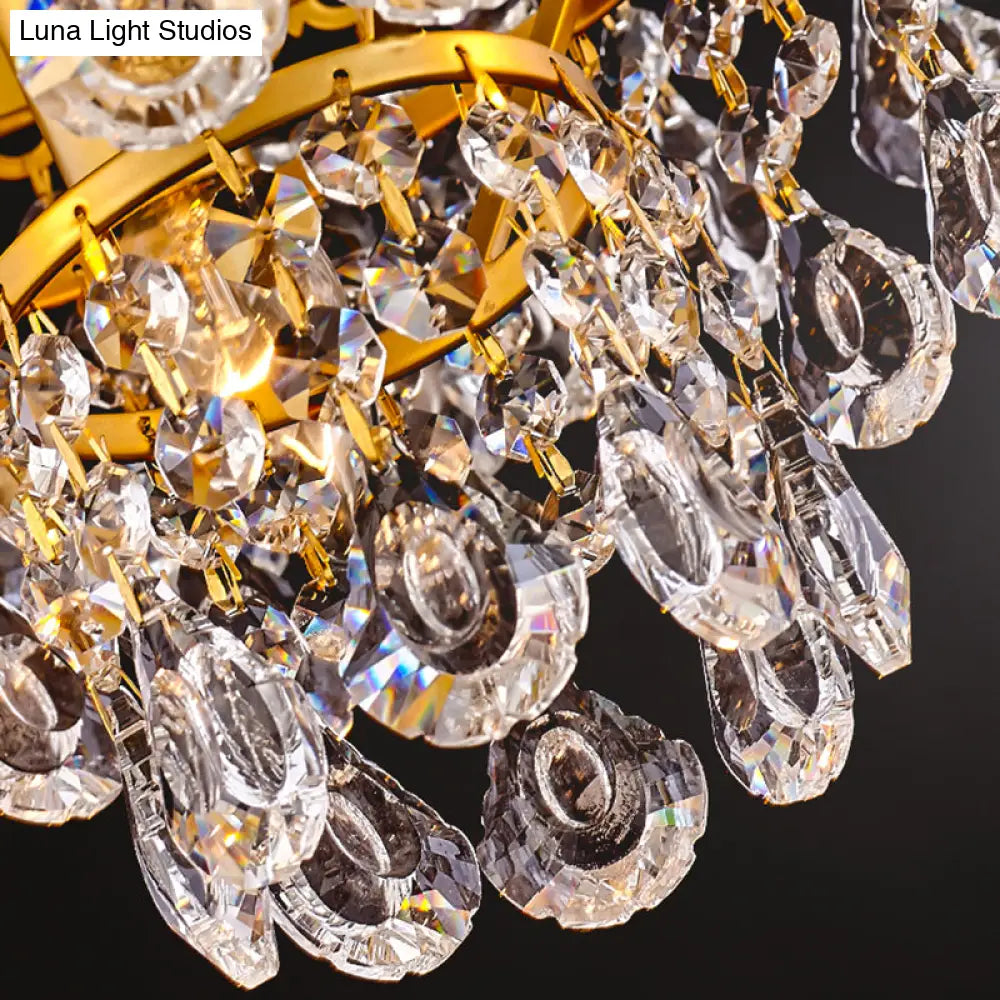 Gold Metal Crown Chandelier Lamp - Modern 6-Light Pendant Light With Crystal Teardrop Deco