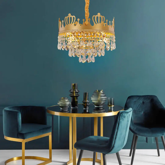 Gold Metal Crown Chandelier Lamp - Modern 6-Light Pendant Light With Crystal Teardrop Deco