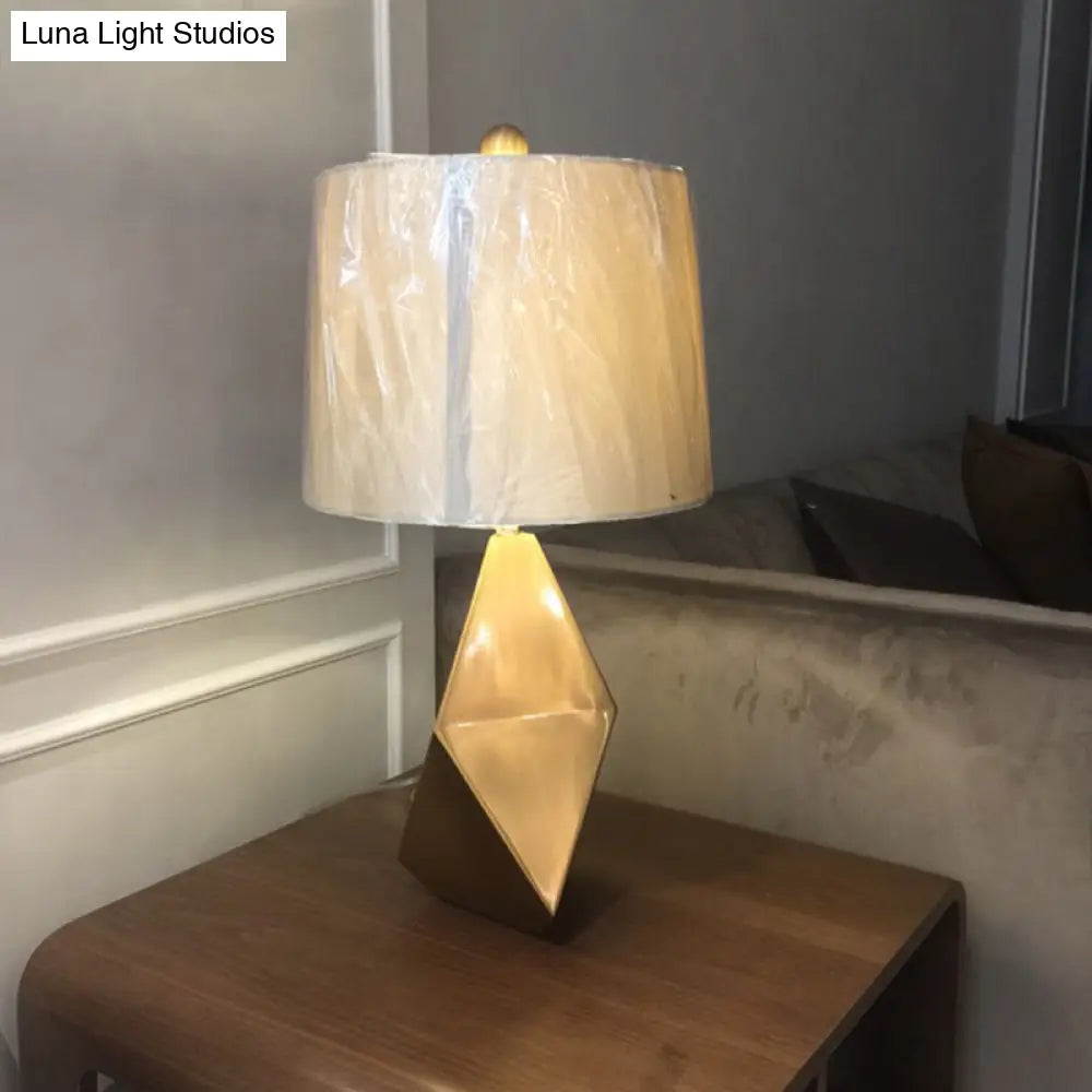 Gold Metal Desk Lamp With White Fabric Shade - Traditional Tapered Design