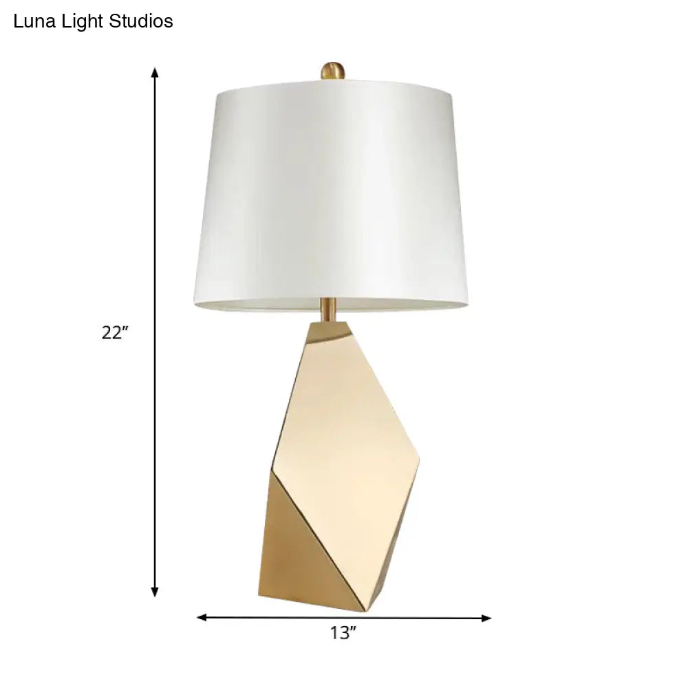 Gold Metal Desk Lamp With White Fabric Shade - Traditional Tapered Design