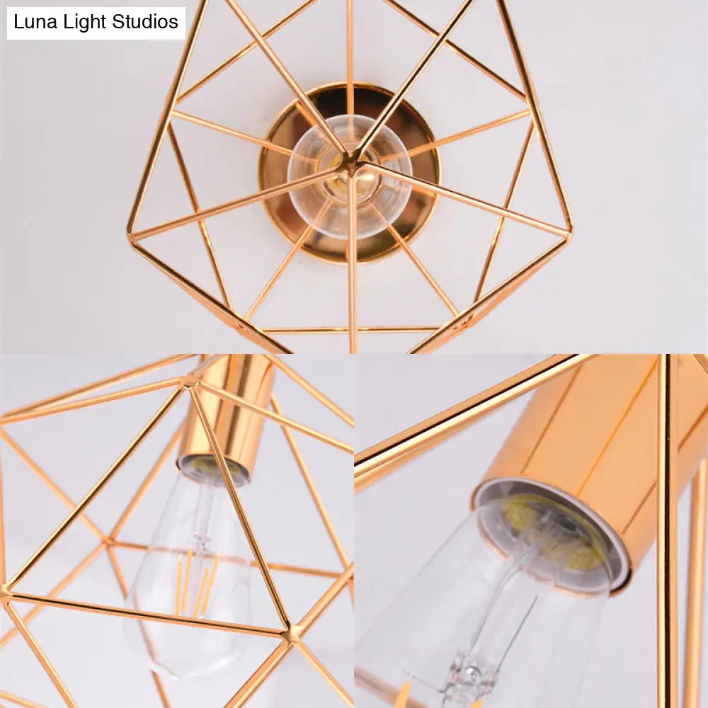 Gold Metal Diamond Cage Semi Flush Ceiling Light For Corridor - Industrial One Mount