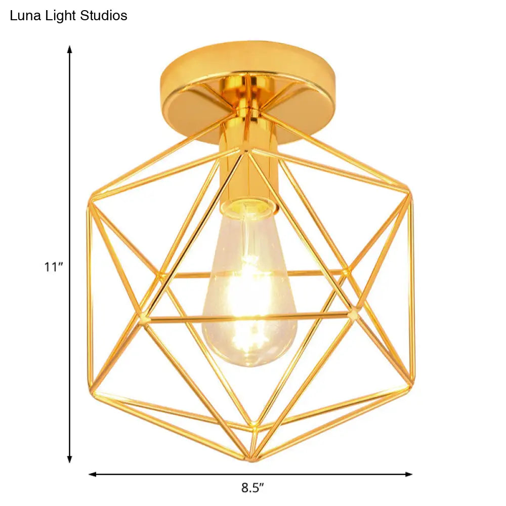 Gold Metal Diamond Cage Semi Flush Ceiling Light For Corridor - Industrial One Mount