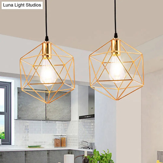 Gold Metal Diamond Cage Semi Flush Ceiling Light For Corridor - Industrial One Mount