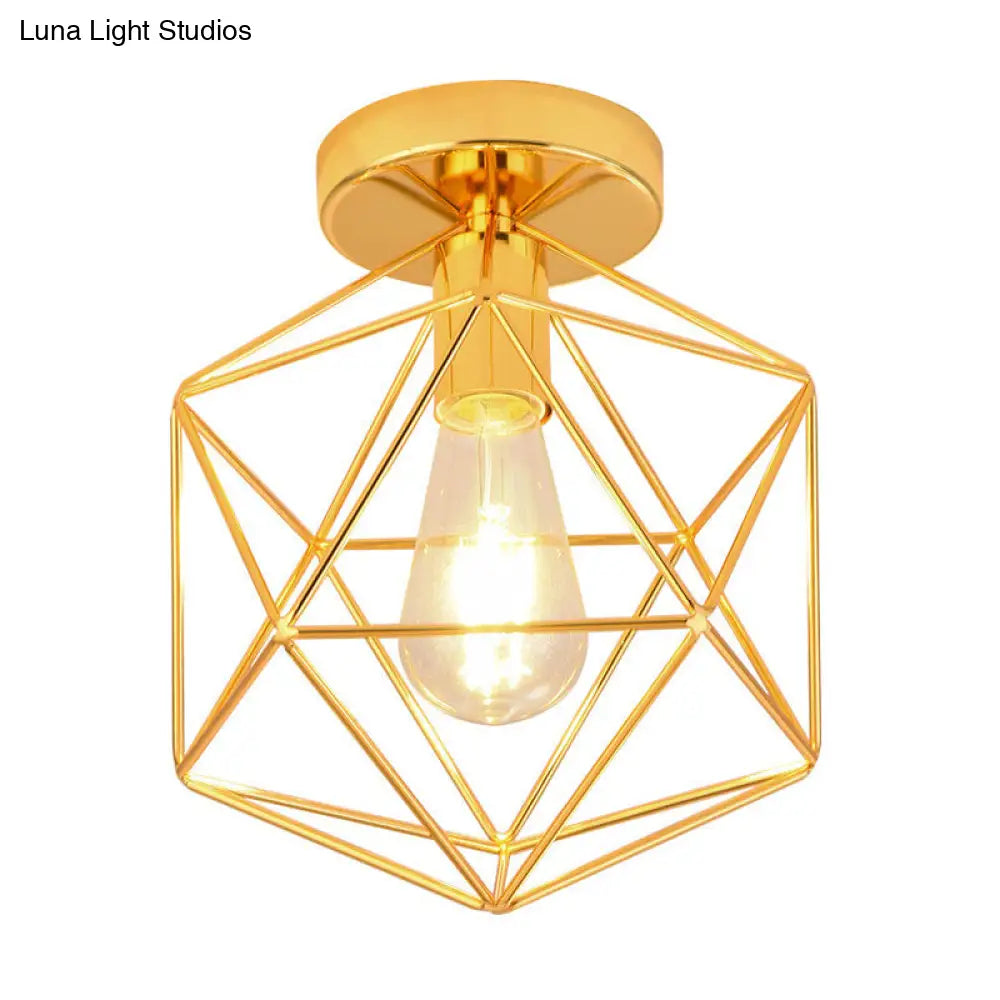 Gold Metal Diamond Cage Semi Flush Ceiling Light For Corridor - Industrial One Mount